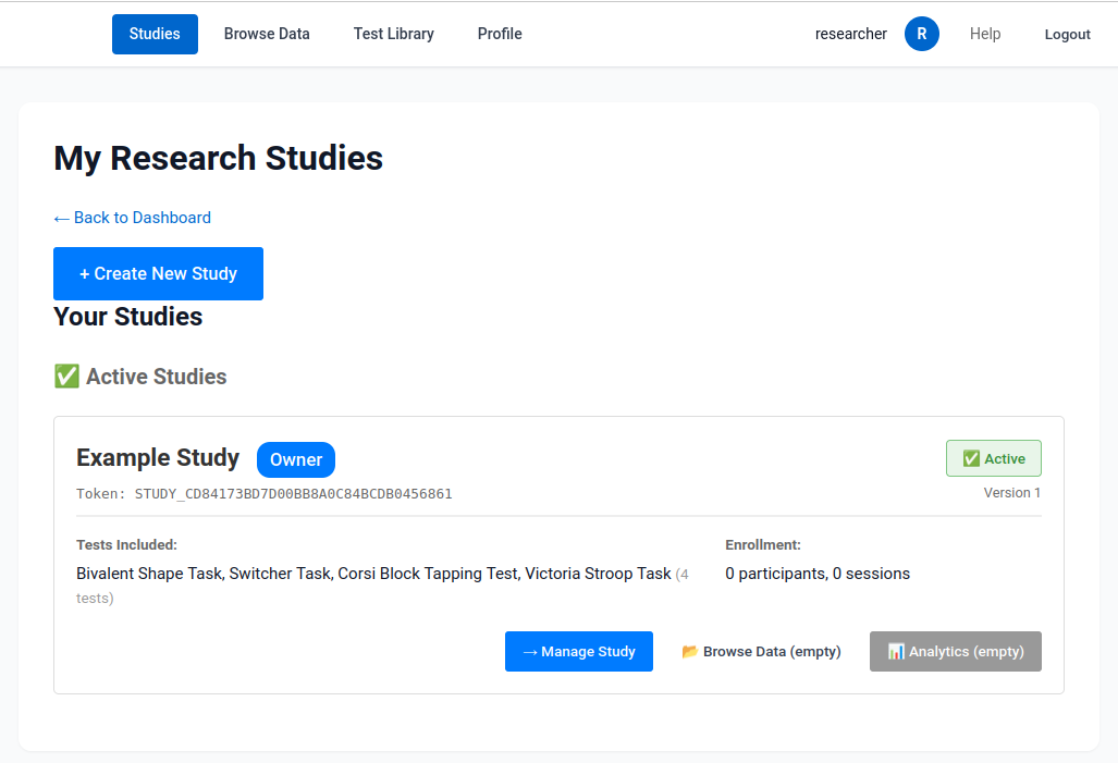 My Research Studies page showing one active study with Manage Study button