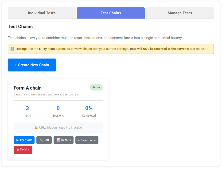 Test Chains tab showing chain list with Create New Chain button